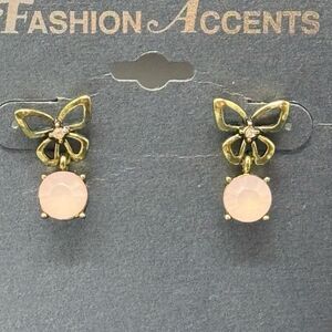 Antiqued Gold Tone Butterfly With Light Pink Stone Post Drop Earrings